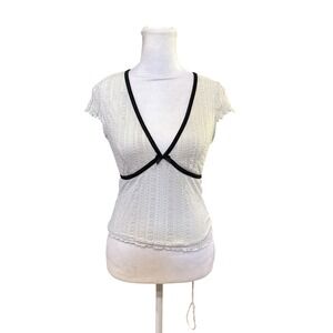 Vintage Thirty Thirty LA White Pointelle Lace V-Neck Top Black Trim Bow Size S